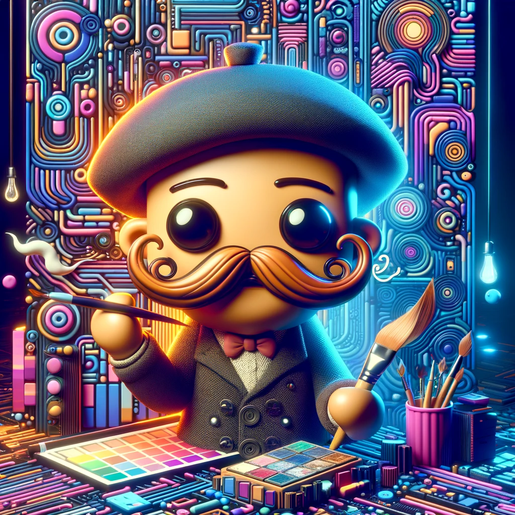 DALL·E 2024-04-05 18.51.40 - Create an image in the same quirky, electronic-inspired style, depicting an artist character for a Gallery theme. The artist should feature a pronou