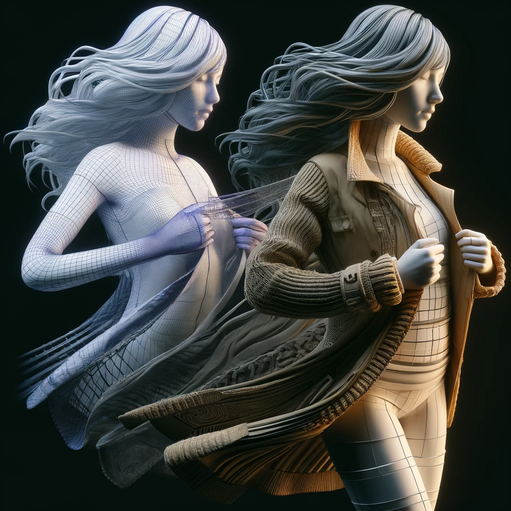 DALL·E 2024-04-06 17.00.04 - Create an image that captures the development of 3D clothing, featuring a character who is partly rendered and partly shown in wireframe, as if she is