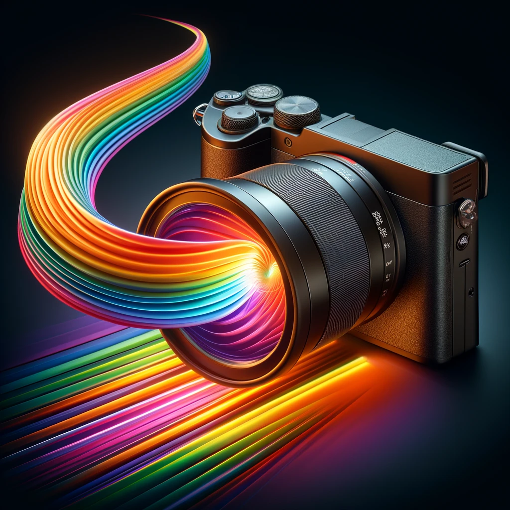 DALL·E 2024-04-06 17.05.51 - Create a dramatic 3D photography-themed graphic in a square format, featuring a mirrorless camera with a chunky lens. The lens should be projecting a