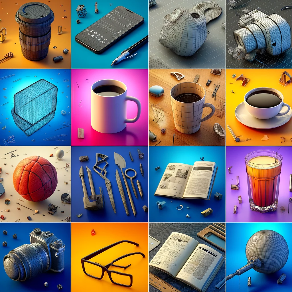 DALL·E 2024-04-06 17.05.56 - Create square images depicting the development of general 3D assets for everyday objects. Each image should showcase an object in a 3D development env