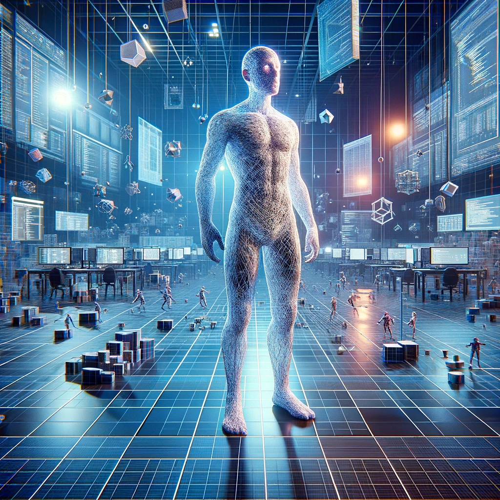 DALL·E 2024-04-06 17.05.59 - Create a square web graphic featuring a realistic 3D avatar standing in a 3D development environment. The environment should include aspects of wirefr